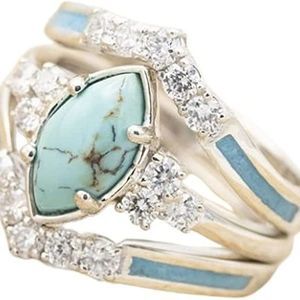 Pingyongchang 3 PCS Ring Set Natural Turquoise Diamond Rings